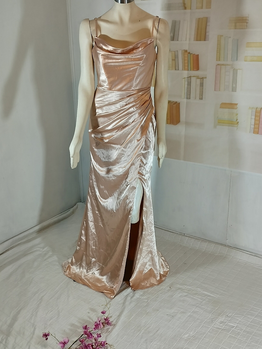 Azazie Satin Cowl-Neck Gown in Champagne Blush